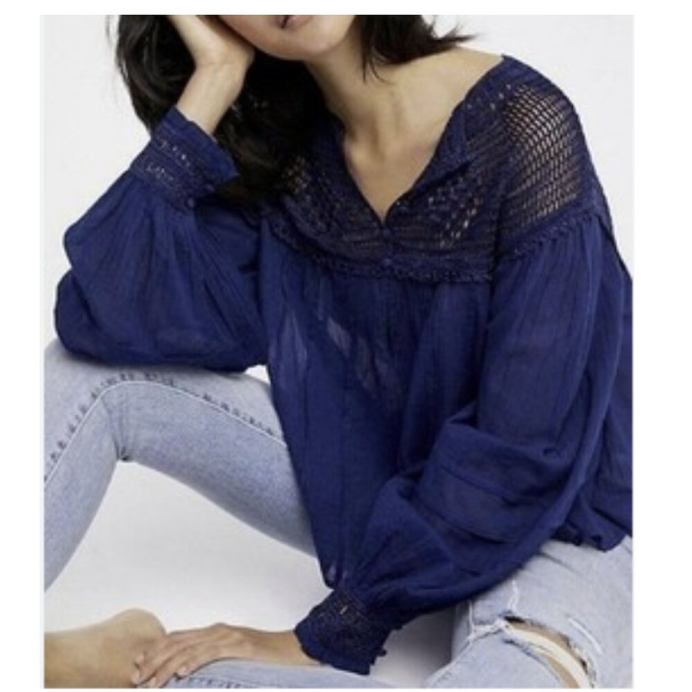 Free People Gauze and Crochet Long Sleeve Top Size XS Midnight Blue NWT